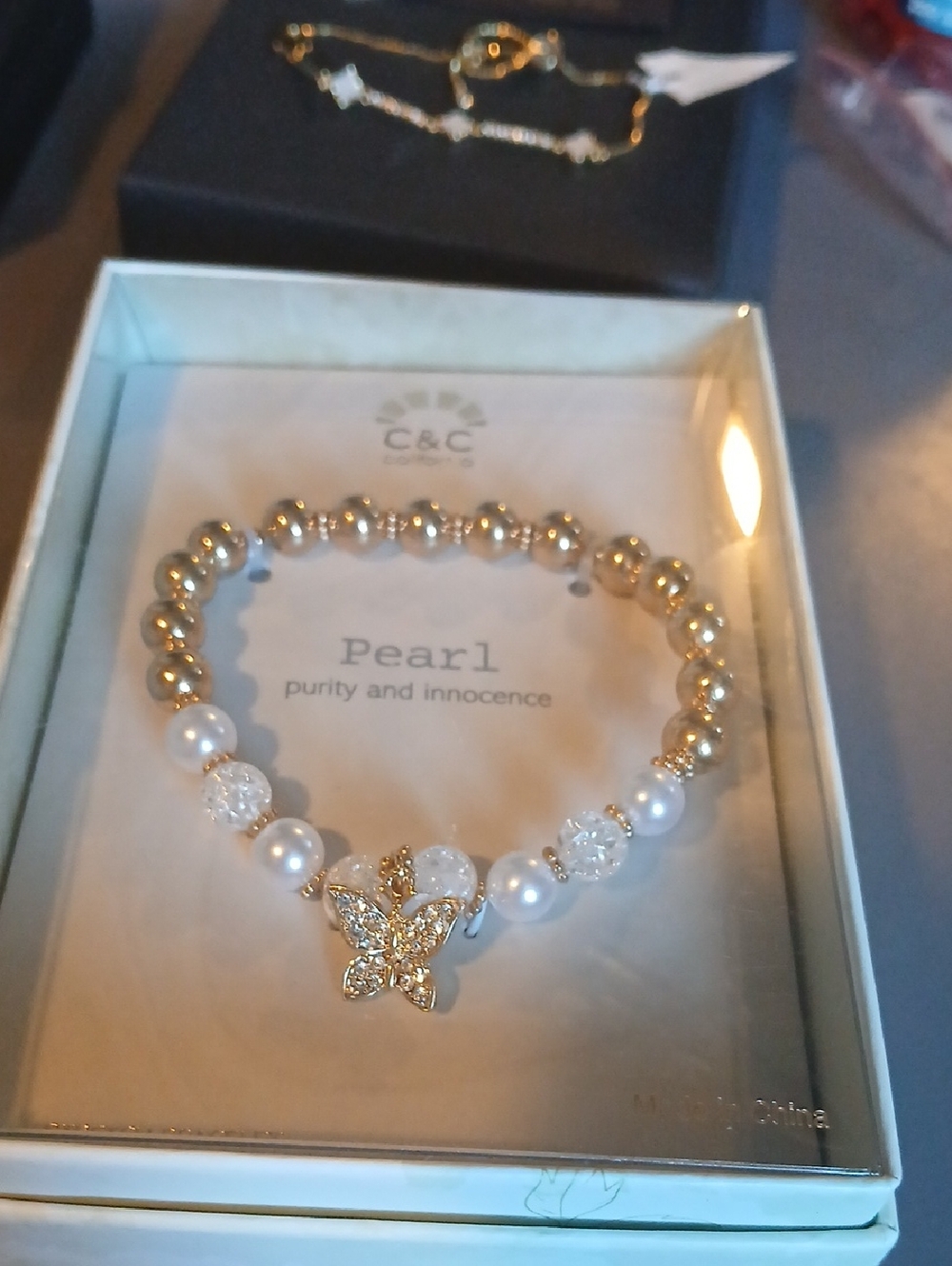 C.C Gold and White Pearl Butterfly Stretch Bracelet